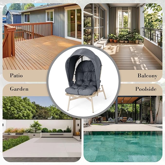 Athena Collection Patio Wicker Egg Chair with Folding Canopy, All-Weather Rattan Patio Lounge Chair with Sun Shade, Balcony Furniture Outside Seating for Front Porch, Garden, Poolside, Outdoor, Grey