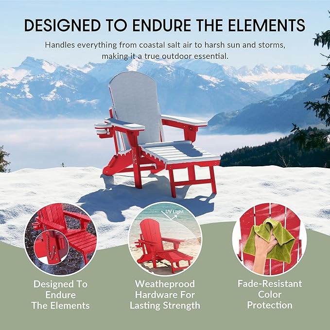 WestinTrends Malibu Folding Adjustable Adirondack Chair with Retractable Ottoman and Cup Holder (Set of 2), Red