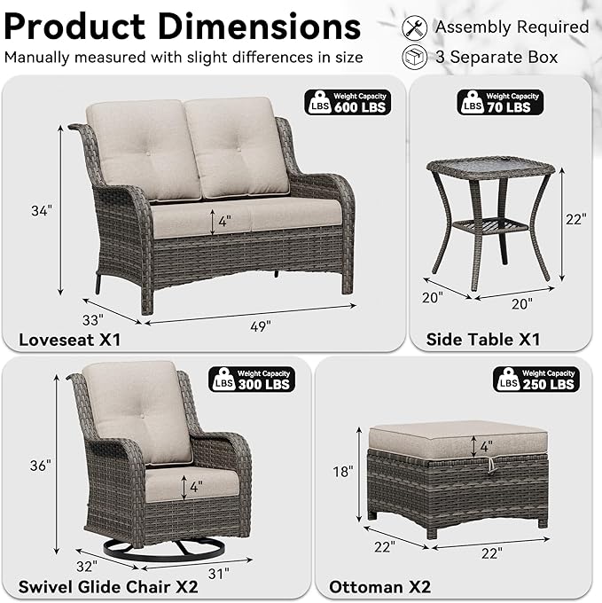 6 Piece Outdoor Wicker Patio Furniture Set, Outdoor Swivel Rocker Patio Chairs Set with Thickened Olefin Cushions - Photo 2