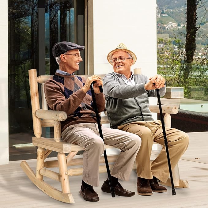 2 Person Wood Rocking Chair with Log Design, Heavy Duty Loveseat with Wide Curved Seats for Patio, Backyard, Garden, Natural