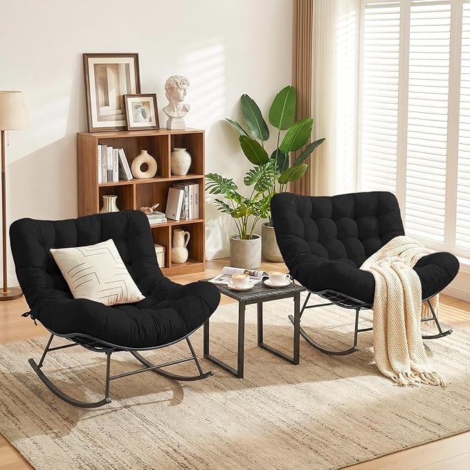 Outdoor Rocking Chairs Set of 2 with Wicker Side Table, Thick Cushioned Papasan Rocking Chairs with End Table, 3PCS Oversized Egg Chair Set for Patio, Porch, Balcony, Bedroom, Living Room, Black