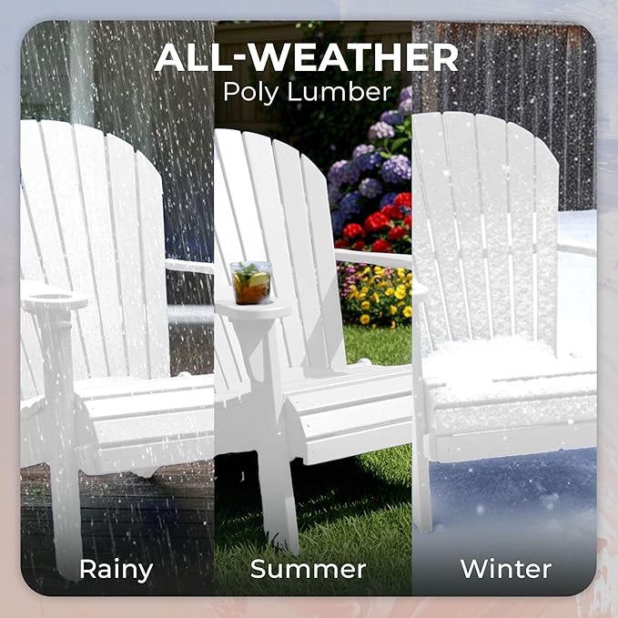 Ecommersify Folding Adirondack Chair with Cup Holder - (Bright White) - Heavy Duty Recycled Poly Lumber Folding Chair - Amish Crafted Outdoor Furniture - Made in USA