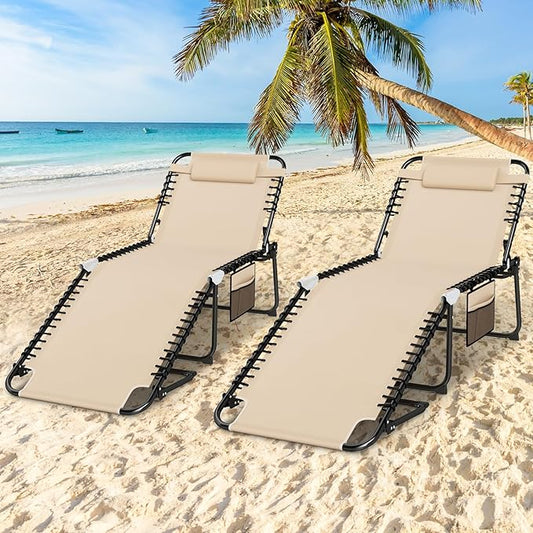 Giantex 2-Pack Lounge Chair Outdoor, Folding Tanning Chair with 4 Adjustable Positions, Removable Headrest, Footrest, Side Pocket, 440 Lbs Portable Recliner for Lawn, Yard, Beach, Sunbathing, Beige