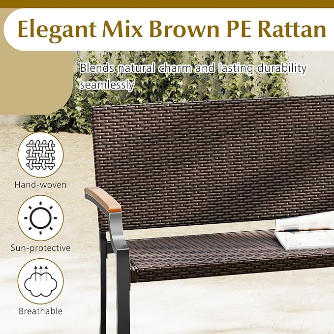 Tangkula Stackable Patio Wicker Loveseat Bench, 2-Person Rattan Outdoor Bench with Acacia Wood Armrests & Metal Frame, Rattan Conversation Furniture for Backyard, Garden, Balcony, Porch (1,Mix Brown)