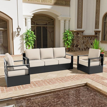 Outdoor Aluminum Furniture Set, 3-Piece Patio Conversation Set, 2 Chairs and 1 Sofa, All-Weather Metal Frame, 6" Thick Removable Cushions, Deep Setting for Garden, Poolside and Porch