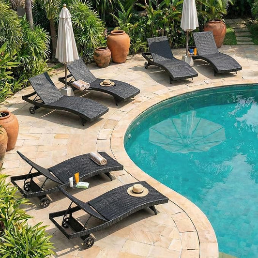 Wicker Outdoor Lounge Chairs with Rolling Wheels, Pool Lounge Chairs Set of 6, Rattan Outdoor Lounger with Pull Out Side Table, Adjustable Backrest Patio Chaise Lounges, Black
