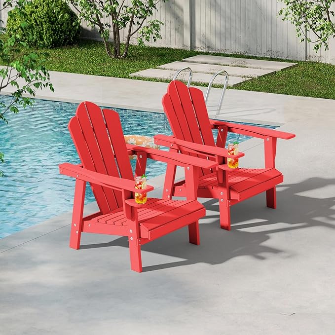 PROHIKER Adirondack Chair Set of 2, HDPE Outdoor Patio Chair with Cup Holder All Weather Outdoor Chairs for Lawn Garden Porch Backyard, Plastic, Red