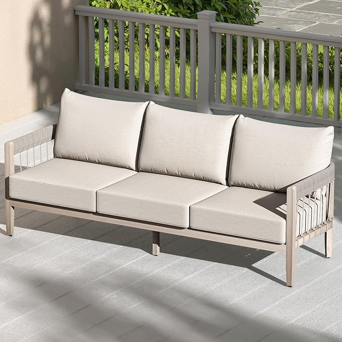 3-Seater Outdoor Aluminum Sofa, Never-Rust Patio Sofa Couch with Faux Wood Grain Finish Frame, Rope Weave Outdoor Sofa - Photo 9