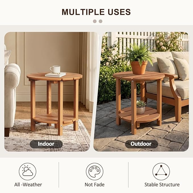 2 Tier Round Outdoor Side Table with Wood-Like Grain, HDPE Adirondack Table Patio Side Table, Weather Resistant End Table for Pool, Patio & Porch, Small Outdoor Table (Teak, Round)