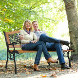 49” Outdoor Bench with Antique Pattern Back,Patio Bench Front Porch Bench for Entryway Garden,Bronze&Natural - Photo 6