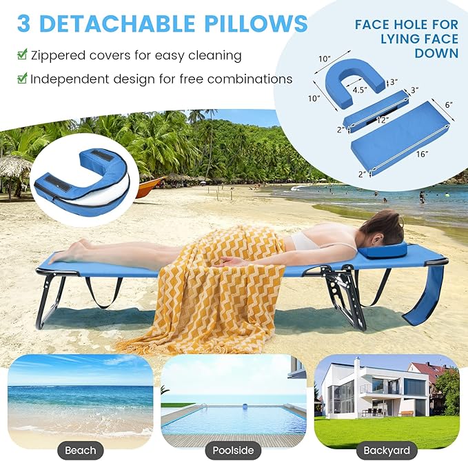 GYMAX Tanning Chair, 330lbs Beach Lounge Chair with Face Hole, Washable Pillow & Carry Strap, Adjustable Folding Chaise Lounge, Layout Lounger for Outside, Patio, Poolside, Lawn (2, Blue)