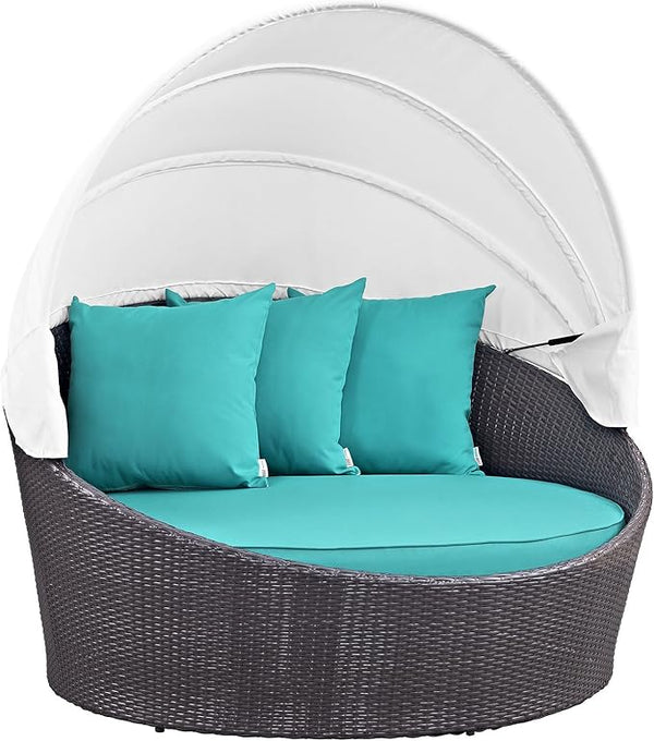 Modway Convene Wicker Rattan Outdoor Patio Retractable Canopy Round Poolside Sofa Daybed in Espresso Turquoise - Photo 1