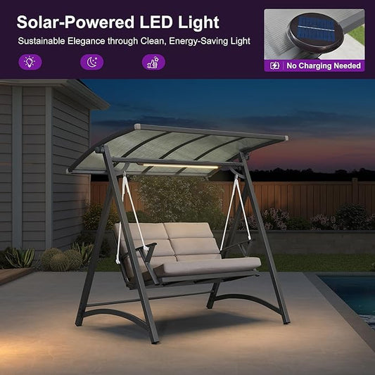 PURPLE LEAF Porch Swing 2 Person Patio Swing Chair with PVC Canopy Outdoor Deluxe Modern Yard Hammock Swinging Chairs w/Solar LED Light and Cushions for Backyard Glider Outside Loveseat Bench