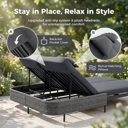 RADIATA 51.2" Outdoor Loveseat Sofa Bed, PE Wicker Patio Daybed with 2-Person Double Chaise Lounge, Independent 5-Position Adjustable Backrest, All-Weather Poolside Furniture