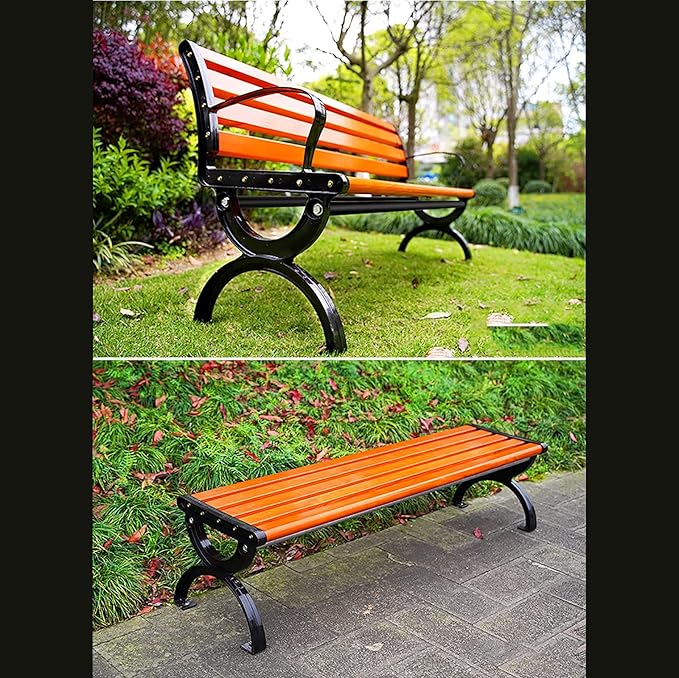 Outdoor Patio Garden Bench Park Bench, Metal Steel Frame and Anticorrosive Solid Wood Seat, Weather-Resistant Leisure Porch Chair, The Load Capacity is 880 Pounds