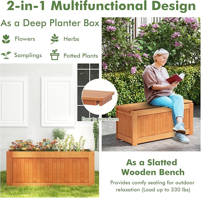 Outdoor Planter Bench with Boxes, Wood Seat with 3 Open-Ended Base Garden Beds & Backrest, 2-in-1 Wood Planter Bench Deck Plant Box for Porch, Patio, Garden & Backyard