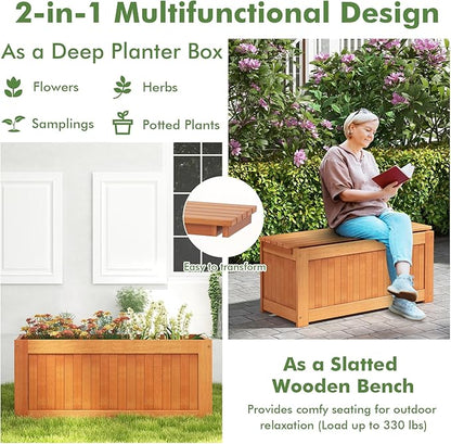 Outdoor Planter Bench with Boxes, Wood Seat with 3 Open-Ended Base Garden Beds & Backrest, 2-in-1 Wood Planter Bench Deck Plant Box for Porch, Patio, Garden & Backyard