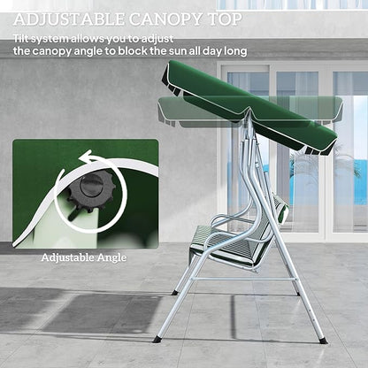 Outsunny 3-Person Porch Swing with Canopy, Patio Swing Chair, Outdoor Canopy Swing Bench with Adjustable Shade, Cushion and Steel Frame, Green & White Striped