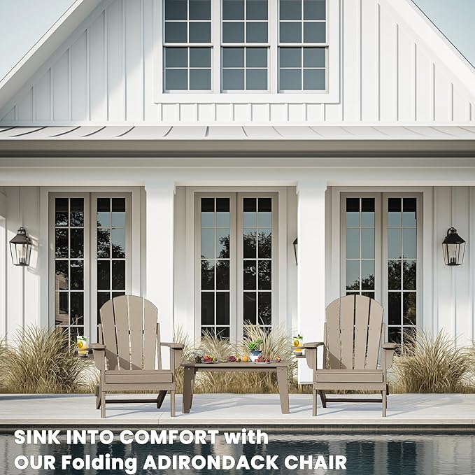 Adirondack Chair with Cup Holder Set of 2, Folding HDPE Patio Chairs, Outdoor Plastic Fire Pit Chair, Wood Texture, Lawn Chairs for Deck, Porch, Backyard, Garden, Weathered Wood