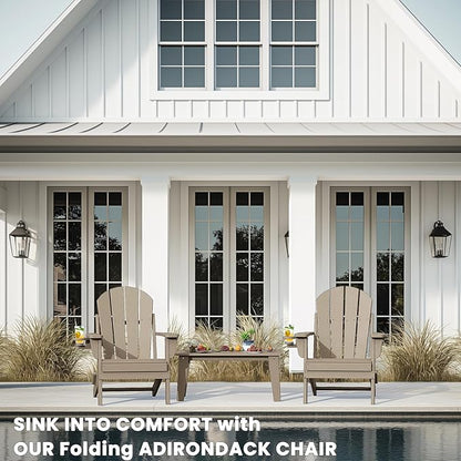 Adirondack Chair with Cup Holder Set of 4, Folding HDPE Patio Chairs, Outdoor Plastic Fire Pit Chair, Wood Texture, Lawn Chairs for Deck, Porch, Backyard, Garden, Weathered Wood