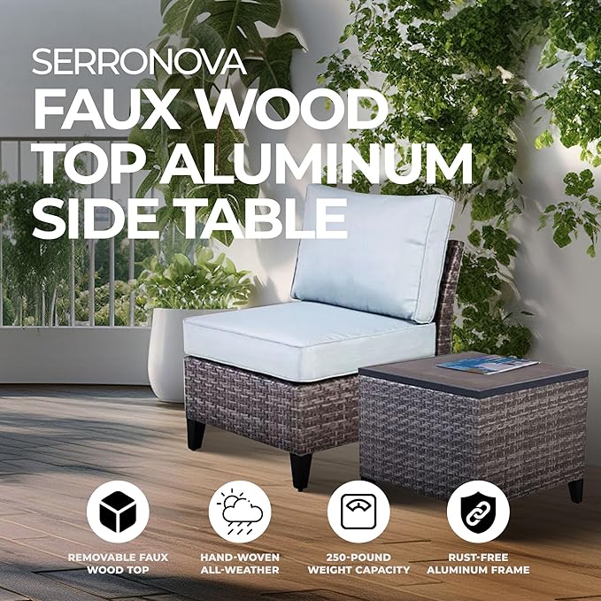 Four Seasons Courtyard Serronova Outdoor Aluminum Side Table All Weather Furniture Piece with Faux Wood Tabletop for Backyard Patios and Porches, Gray
