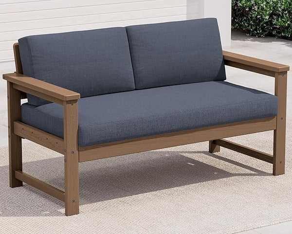 SERWALL HDPE Outdoor Loveseat with Cushions, All Weather Use Outdoor Loveseat Sofa, Brown Frame/Grey Cushion - Photo 1