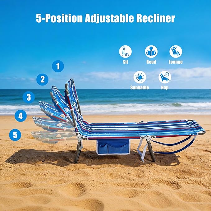 SUNNYFEEL Beach Lounge Chair, Backpack Reclining Beach Chairs Lay Flat, Sun Face Down Tanning Chair, Folding Camping Chairs Portable Camp Cot with Backpack Straps for Outdoor/Picnic/Lawn