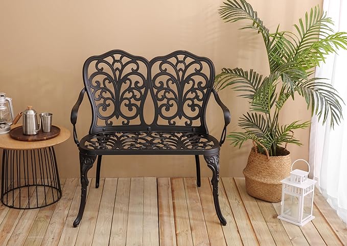 Patio Bench Metal Cast Aluminum Outdoor Garden Bench 34" W x 22" D x 35" H Black