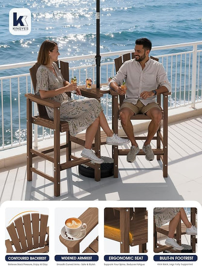 KINGYES Tall Adirondack Chair Set of 2, All-Weather HDPE Outdoor Adirondack Barstools with Removable Double Connecting Trays, Embossed Balcony Chair, High Airondack Chair with Wood Grain, Brown