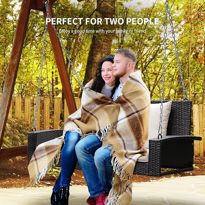RELAX4LIFE Porch Swing 2-Seat Patio Rattan, Wicker Porch Swings Outdoor W/Two 7.9 Ft Solid Steel Chain - Photo 3