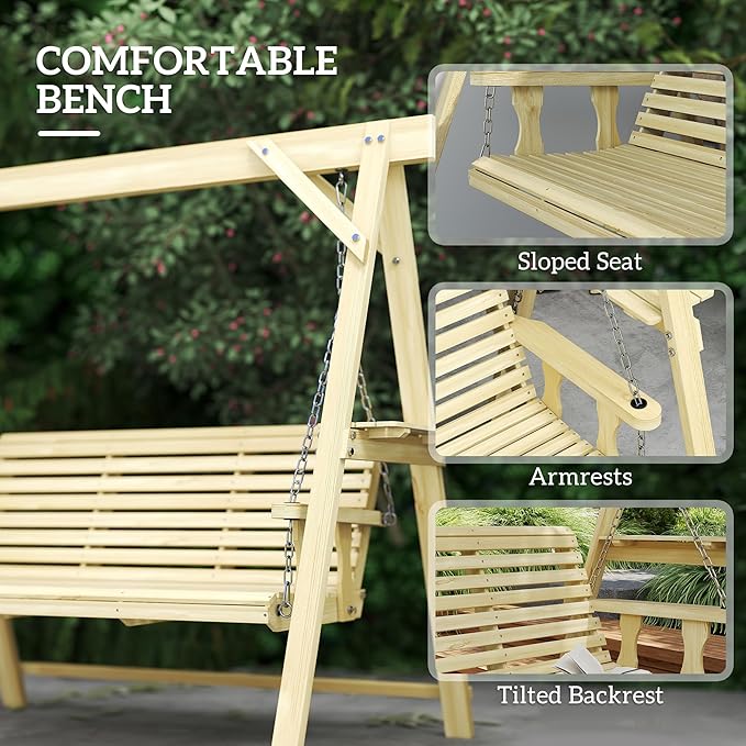 Outsunny 3 Seat Porch Swing with Stand, Wooden Patio Swing Chair with Side Tables and Metal Chains - Photo 6