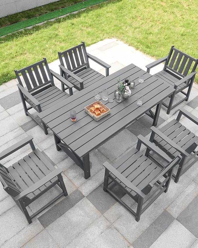 7 Pieces HDPE Outdoor Dining Set, Patio Dining Set with Umbrella Hole, All Weather Outdoor Dining Table Sets for 6 - Photo 2