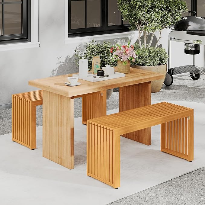 HAPPYGRILL Outdoor Acacia Wood Bench, Patio Bench with Slatted Seat & Metal Protectors, for Entryway Porch Backyard Park, 800 lbs (1)