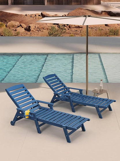 HDPE Outdoor Chaise Lounge Set of 2, 5-Position Adjustable Outdoor Lounger with Wheels & Cup Holder, 78.4'' Poly Lounge Chairs Furniture, HDPE Patio Lounge Chairs for Deck, Pool, Beach, Navy