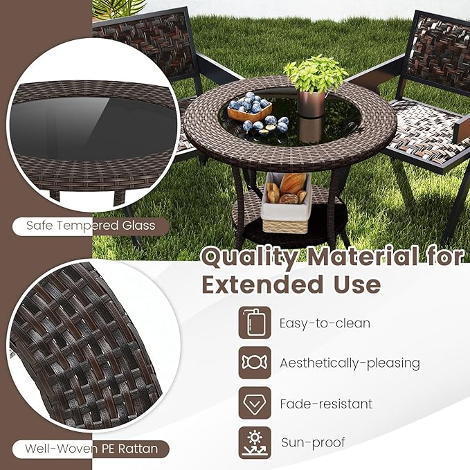 Giantex Round Rattan Wicker Outdoor Coffee Table Glass Top Steel Frame Patio Furniture W/Lower Shelf (Round)