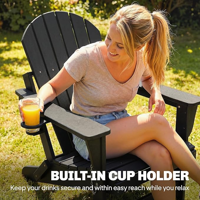 Outsunny Folding Adirondack Chair Set of 2, Outdoor HDPE Fire Pit Chair with Retractable Ottoman, Cup Holder and Large Seat for Deck, Garden, Backyard, Black