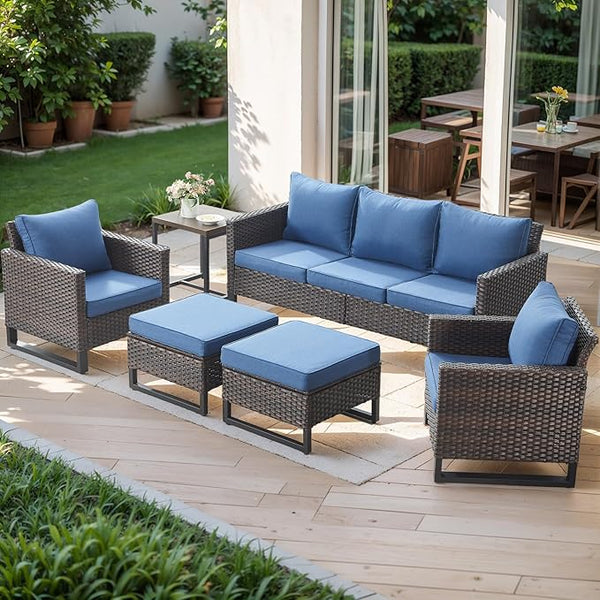 Rilyson Wicker Outdoor Patio Furniture Set - 6 Piece Patio Conversation Set with 2 Armrest Chairs, 2 Rattan Ottoman - Photo 1