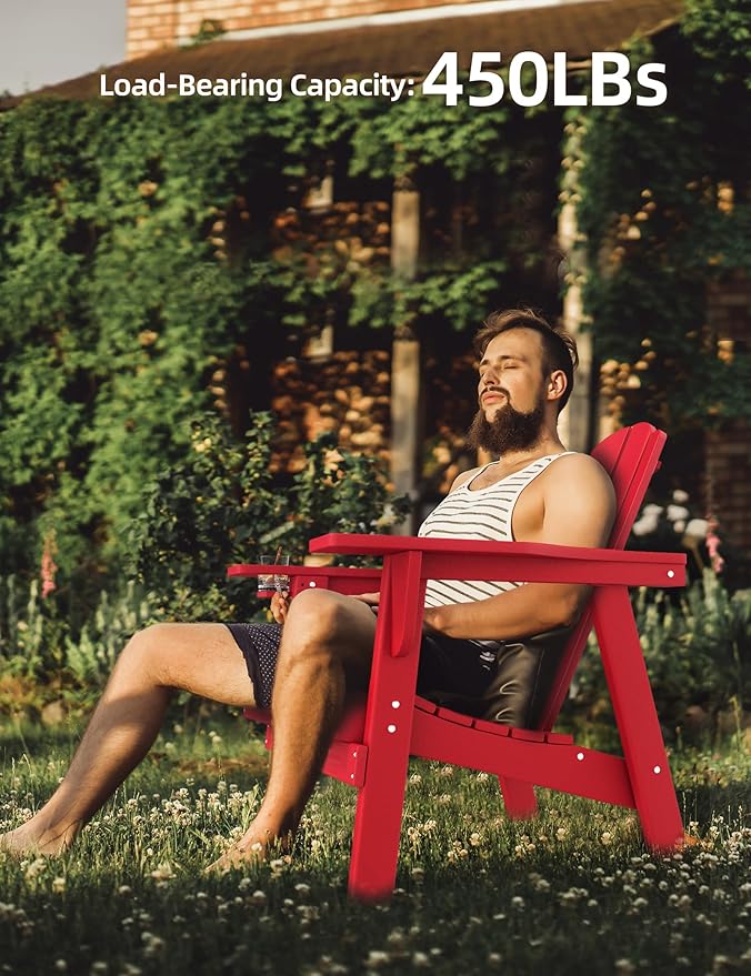Adirondack Chair - Durable HDPE Poly Lumber All-Weather Resistant, Oversized Balcony Porch Patio Outdoor Chair for Lawn, Backyard, Deck, Garden, Camping - Easy Installation, Red
