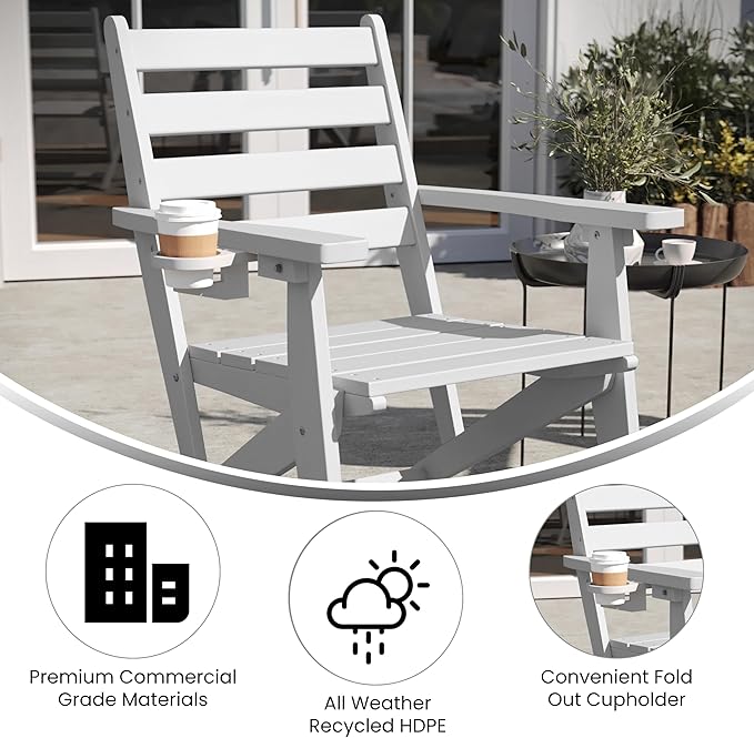 Flash Furniture Tolleson Adirondack Dining Chair with Cup Holder, Commercial Weather Resistant Recycled HDPE Adirondack Chair, Fold Out Cupholder, White
