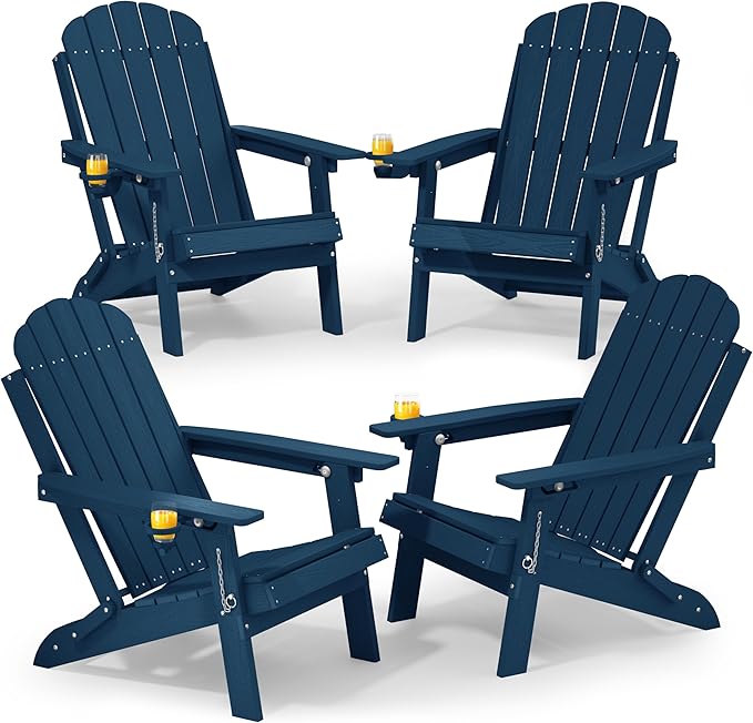 YEFU Adirondack Chairs Set of 4 for Patio: Folding Plastic Fire Pit Chair with Cup Holders & Adjustable Backrest - Sturdy All-Weather HDPE for Outdoor Backyard Deck- Easy Assembly(Navy Blue)