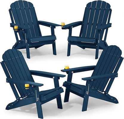 YEFU Adirondack Chairs Set of 4 for Patio: Folding Plastic Fire Pit Chair with Cup Holders & Adjustable Backrest - Sturdy All-Weather HDPE for Outdoor Backyard Deck- Easy Assembly(Navy Blue)