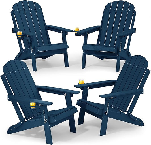 YEFU Adirondack Chairs Set of 4 for Patio: Folding Plastic Fire Pit Chair with Cup Holders & Adjustable Backrest - Sturdy All-Weather HDPE for Outdoor Backyard Deck- Easy Assembly(Navy Blue)