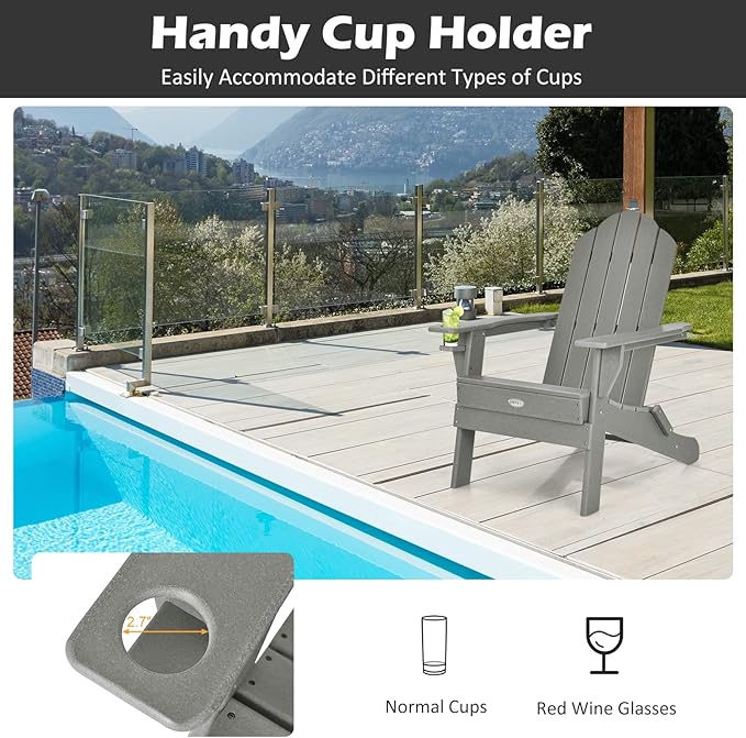 Tangkula Outdoor Folding Adirondack Chair, HDPE Armchairs with Cup Holder, Weather Resistant Lounger Chair for Patio Garden Fire Pit Backyard, Lawn Porch Seating, Adirondack Lounger (4, Grey)