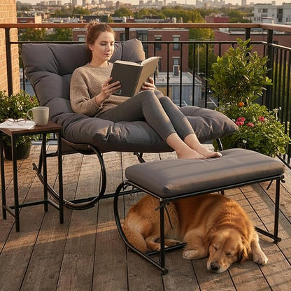 Upholstered Outdoor Rocking Chairs, Modern Patio Rocking Chair Set of 2 with Foot Rest, Sturdy Metal Papasan Rocking Chair, Cozy Rockings Recliner Chair for Bedroom/Living Room/Lawn, Gray