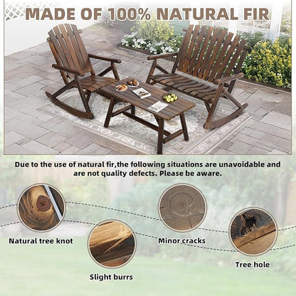 3-Piece Outdoor Wood Rocking Bistro Set, Rustic Wooden Conversation Set Including 2-Seater Loveseat, Log Rocker Chair and Coffee Table, Patio Furniture Chair Set for Lawn Yard, Carbonized