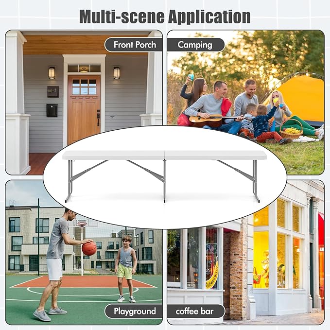 Giantex 6 Feet Plastic Folding Bench, Portable Picnic Seat for BBQ Party Camping Dining, HDPE Top, Metal Frame, Indoor Outdoor Fold-in-Half Bench for Garden Entertainment Activities Sport Events
