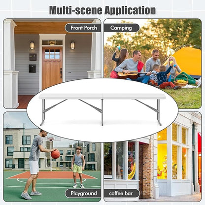 Giantex 6 Feet Plastic Folding Bench, Portable Picnic Seat for BBQ Party Camping Dining, HDPE Top, Metal Frame, Indoor Outdoor Fold-in-Half Bench for Garden Entertainment Activities Sport Events