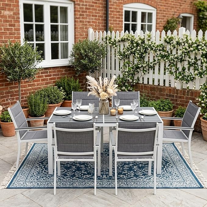 Kozyard Outdoor Patio Dining Table for 6, Rectangular 35.6" x 58.9" Metal Table with Wood-Look Tabletop - Photo 4
