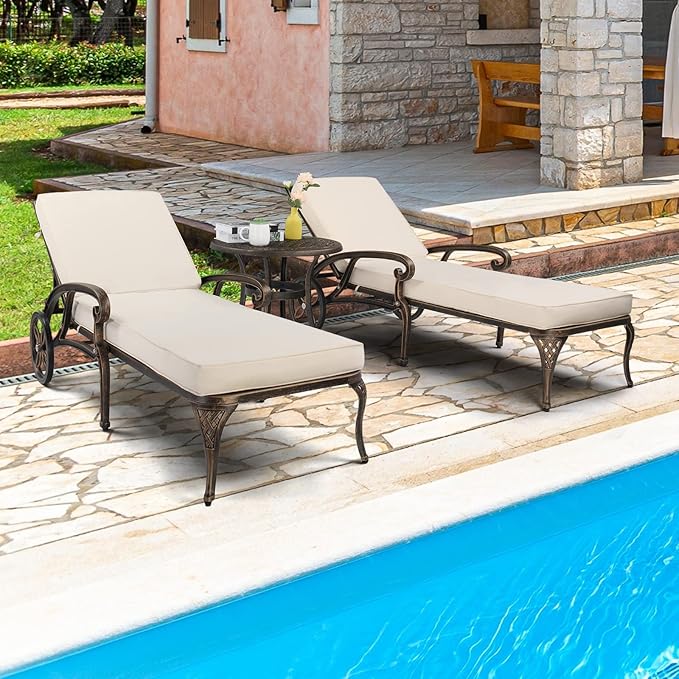 VINGLI Cast Aluminum Outdoor Chaise Lounge Chair and Side Table Set, Patio Chaise Lounge with 3-Position Adjustable Backrest, Tanning Chair Reclining Chair Poolside Lounge Chair (with Round Table)