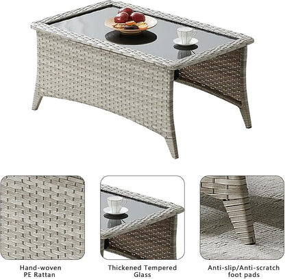 Rilyson Patio Tables Wicker Coffee Table - Outdoor Rattan Coffee Tables with Glass Top for Patio Proch Deck Balcony Rectangle Light Grey